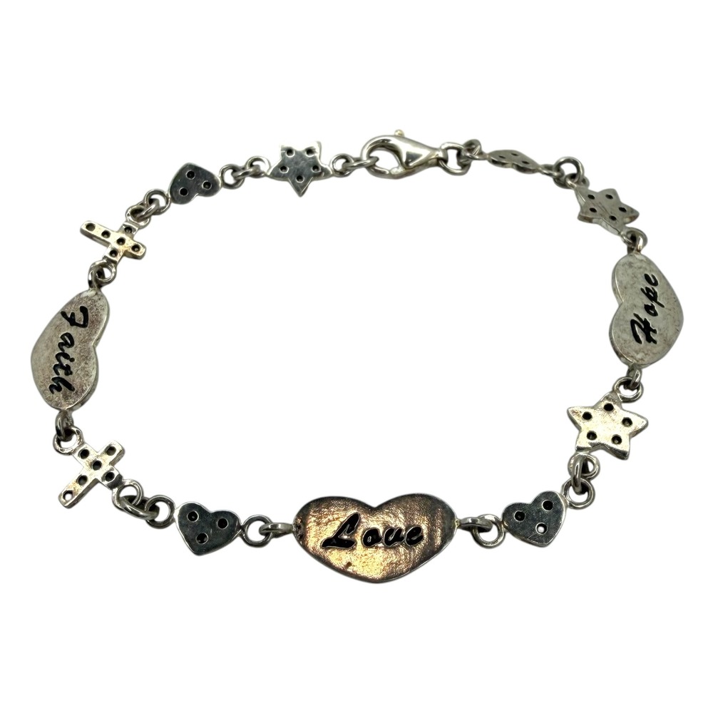 FAS Charm Bracelet 925 Sterling Silver 7.75" Silver Faith Love Hope Hearts Cross